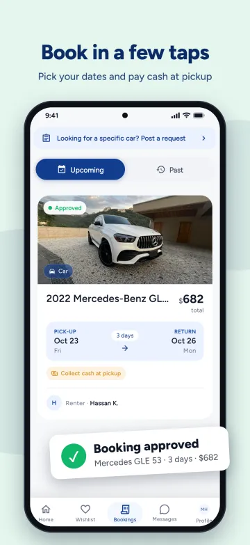 Réservation de voiture à venir dans l'application AutoRent LB, avec dates de prise en charge et de retour et prix total