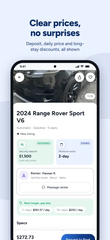 Annonce de voiture dans l'application AutoRent LB : caution, durée minimale et remises longue durée