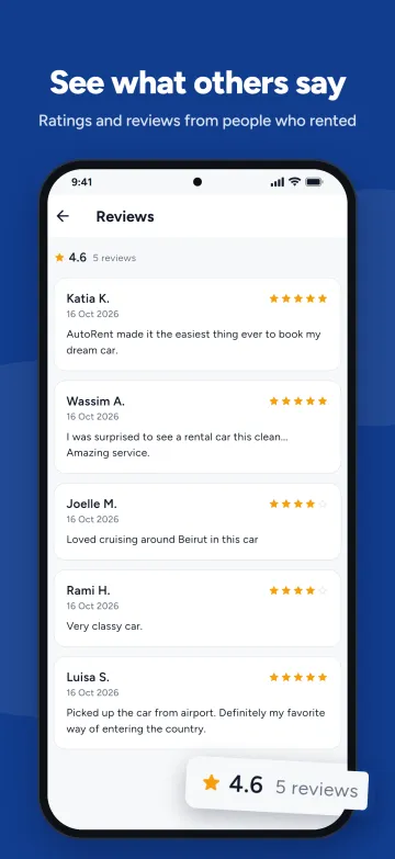 Notes et avis de clients dans l'application AutoRent LB